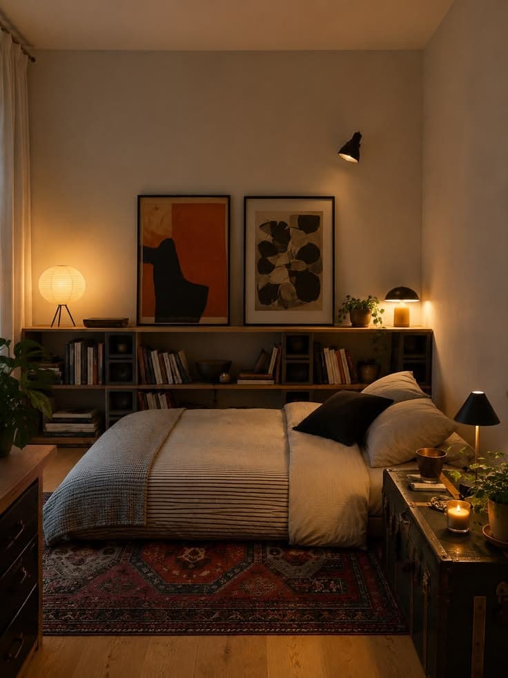 Ett litet kvällsupplyst sovrum med en låg bokhylla i ek, en rispapperslampa, abstrakta tryck i rost och svart, randig bäddning, en röd persisk matta och en gammal koffert.
