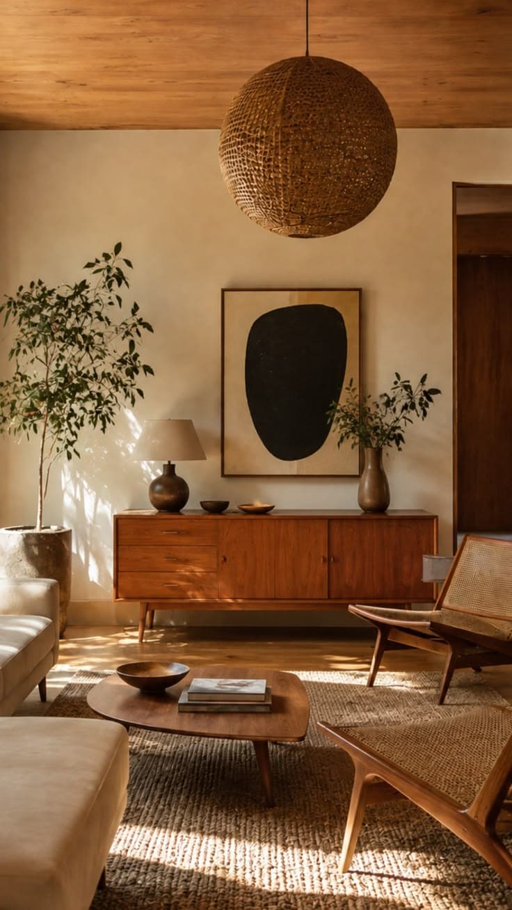 En flätad rottingglob hänger från ett trätak över en teaksideboard, en loungestol i teak, ett ovalt soffbord och en jutematta mot kalkade väggar.