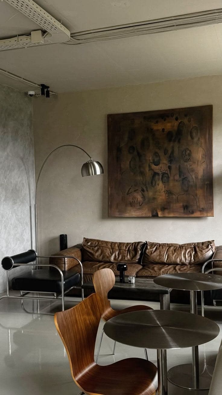 En brun lädersoffa, en båglampa i krom, en stol i formpressad plywood och kafébord i krom står framför ett stort rostfärgat konstverk på ett blankt grått golv.
