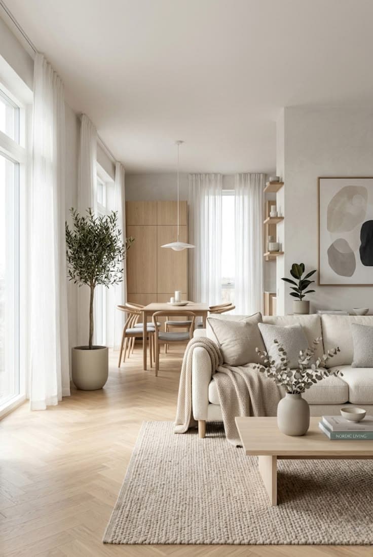 Ljust ekparkett i fiskben, ett soffbord i ek, en ullmatta och ett olivträd i vit kruka ger ett helt beige vardagsrum med en matplats i ek bakom tunna gardiner.