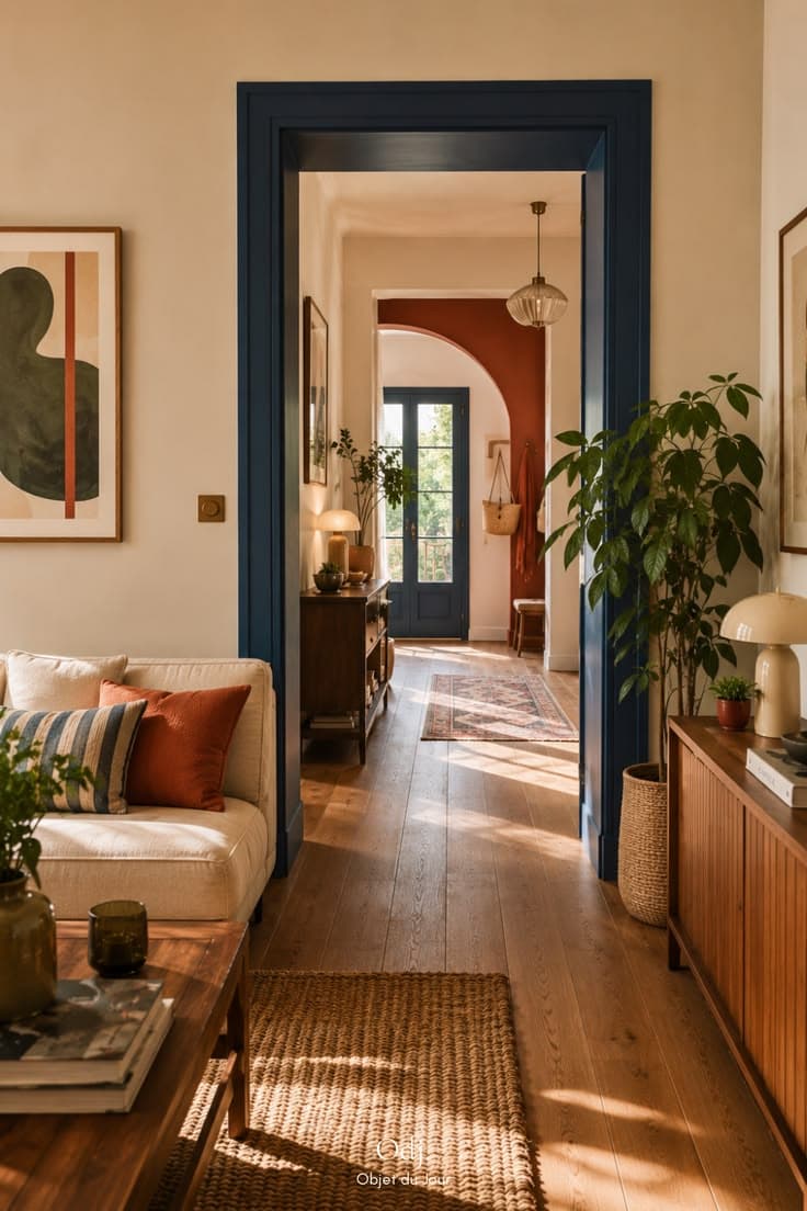 En koboltblå dörrkarm leder från ett krämvitt vardagsrum med teaksideboard till en hall med ljusa furugolv och en terrakottafärgad valvbåge.
