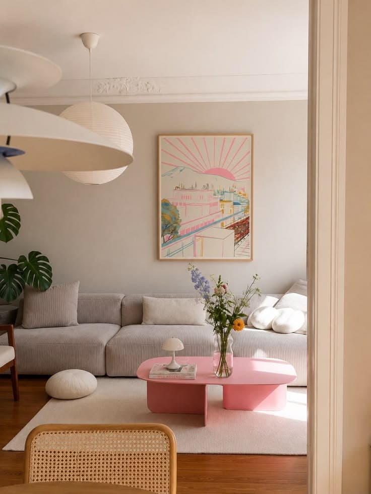 En ljusgrå soffa, ett blankt rosa svängt soffbord, stora vita papperslampor och ett tryck med pastellsoluppgång i ett mjukt vardagsrum i dansk pastell med stuckatur.