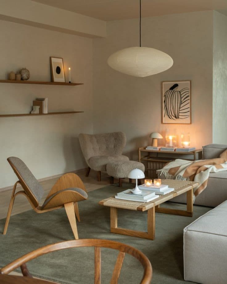 En Wegner-skalstol, en Y-stol och ett bänkbord i ek på en salviagrön matta, upplysta av en rispapperslampa, levande ljus och en liten svamplampa.