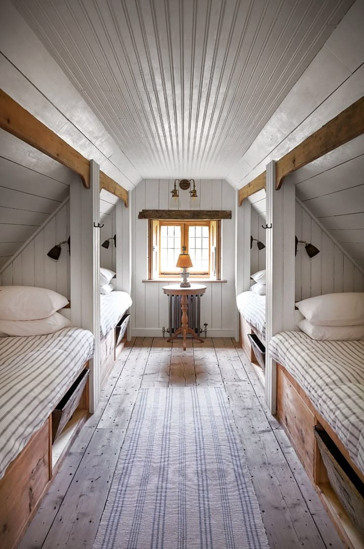 Ett sovloft klätt i vitmålad pärlspont, med inbyggda furusängar, randiga sängkläder i bolstervarstyg, slitna golvplankor och en randig gångmatta.