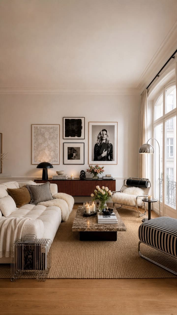 En vit bouclésoffa, svartramade svartvita fotografier, en mörk träskänk, en randig bänk och en jutematta i ett högt parisiskt rum.