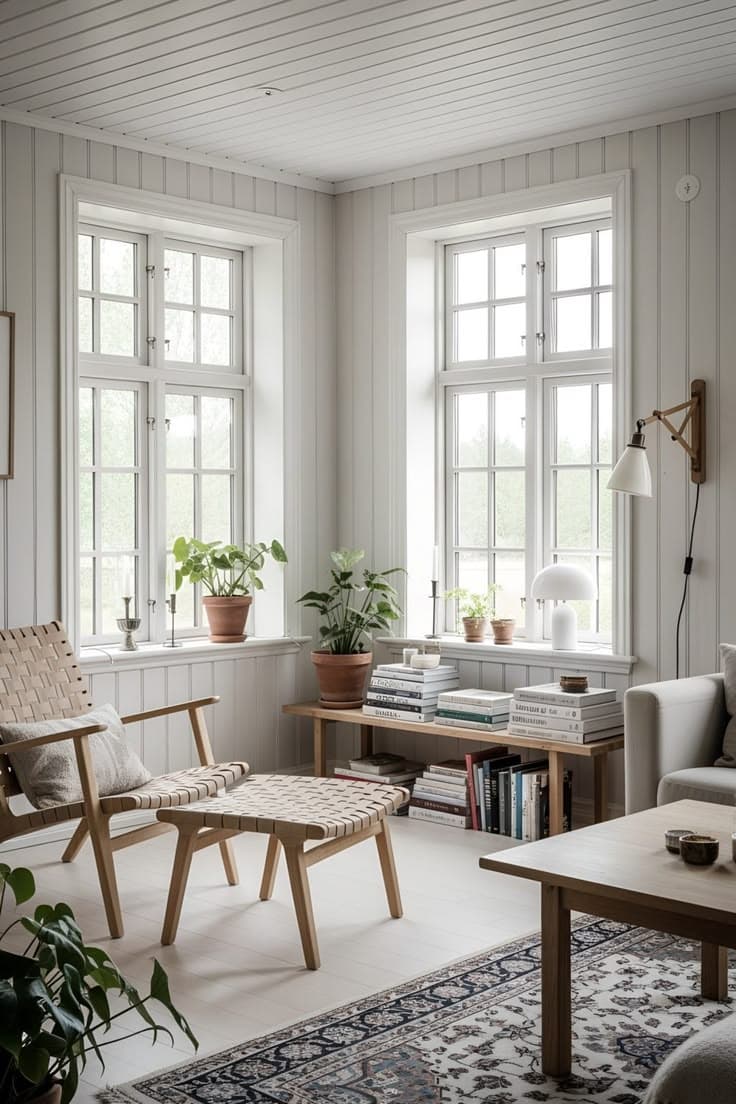 Vita pärlspontväggar och spröjsade fönster ramar in en flätad loungefåtölj med pall, en furubänk med travade böcker och en blåmönstrad matta i svalt dagsljus.
