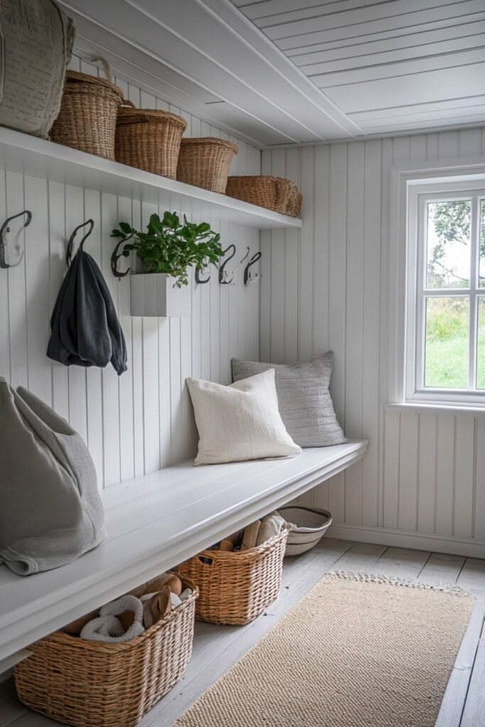 Ett vitpanelat kapprum med inbyggd bänk, flätade korgar på en hylla och under bänken, svarta krokar och en randig löpare på vitlaserade golvbrädor.