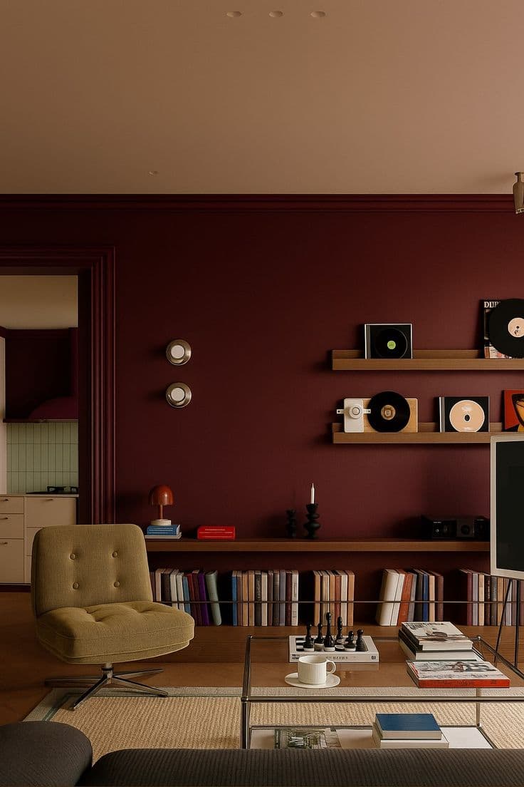 Vinröda väggar med svävande valnötshyllor fulla av vinylskivor, en olivgrön knappad snurrfåtölj, ett soffbord i glas och krom och en lång rad böcker.