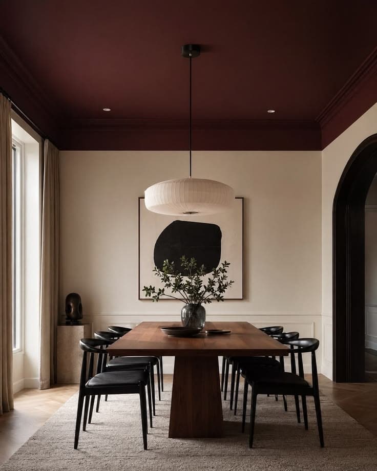 Ett oxblodsrött tak kröner krämvita väggar med bröstpanel över ett valnötsbord på pelarfot, svarta stolar med böjd rygg, en vit papperspendel och en mörk valvöppning.
