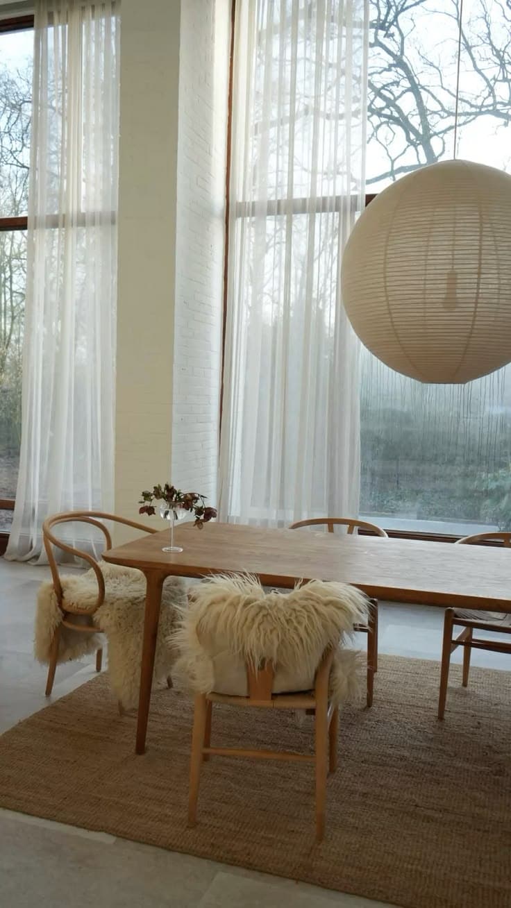 Ett vitt rum med dubbel takhöjd och tunna gardiner mot en grå trädgård, en stor papperslykta, ett matbord i ek, Y-stolar med fårskinn och en jutematta.