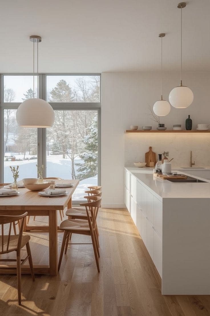 En vit köksö och greppfria skåp möter ett golv i ljus ek, ett matbord i ek med pinnstolar, opalvita globlampor och utsikt mot en snöig skog.