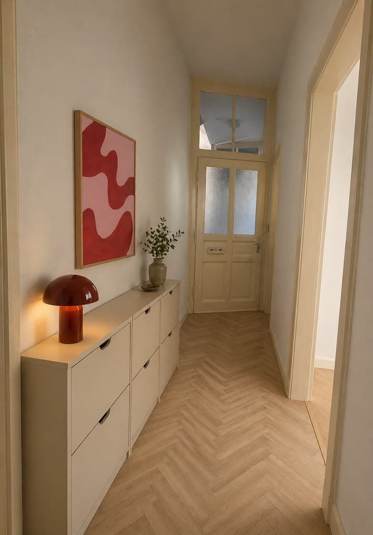 En smal sekelskifteshall med fiskbensparkett i ljus ek, ett krämvitt skoskåp, en röd svamplampa och en vågig tavla i rött och rosa, med en spröjsad glasdörr längst bort.