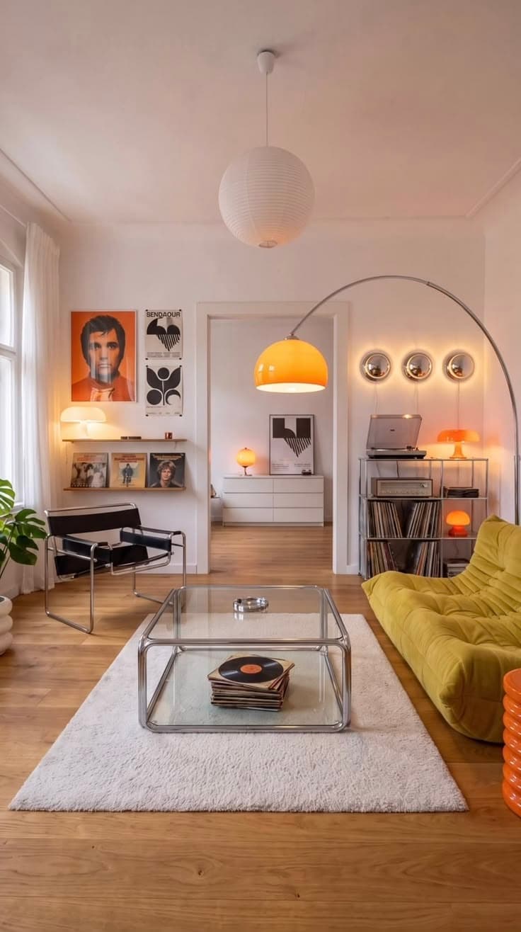 En chartreusegrön låg loungesoffa, en orange båglampa, en förkromad stålrörsfåtölj, ett glasbord och vintageaffischer i ett vitt rum med ekgolv.