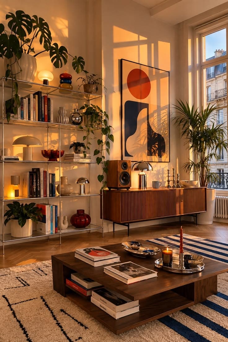 Hyllor i glas och stål fulla av böcker mot en sideboard i palisander och ett lågt valnötsbord på en svartvit randig berbermatta i solnedgångsljus.