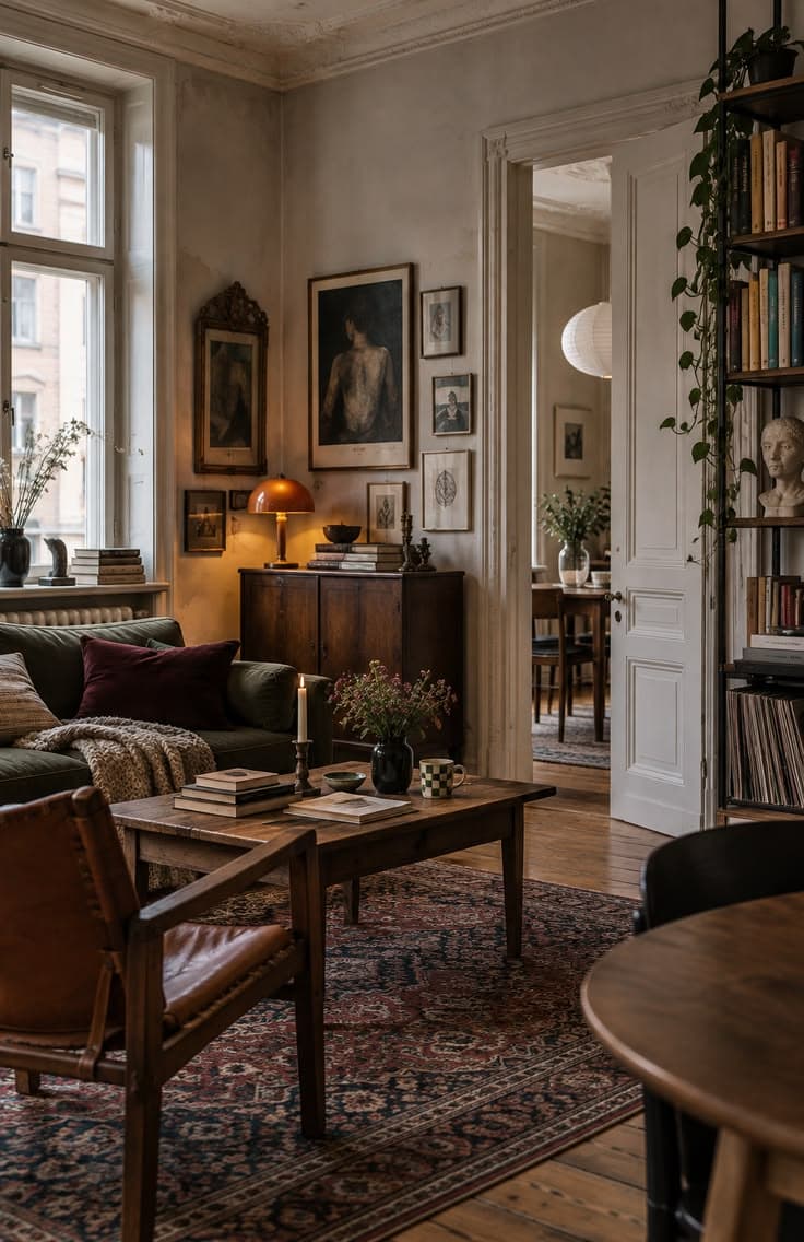 En dunkel gammal lägenhet med gråggröna panelväggar, oljeporträtt, en byrå och ett soffbord i mörkt trä, en läderfåtölj och en röd persisk matta.