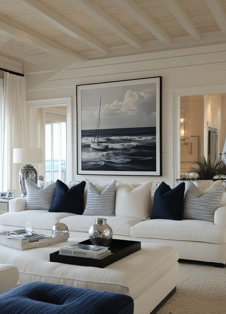 Vit panel och bjälktak, en vit soffa med marinblå och grå kuddar, ett stort svartvitt foto av en segelbåt och en marinblå sammetspall i Hamptonsstil.