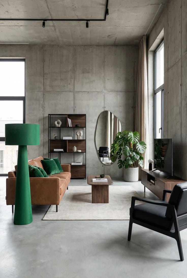 Ett betongloft med en ljusbrun lädersoffa, smaragdgröna sammetskuddar, en skulptural grön golvlampa, en svart fåtölj och en välvd spegel.
